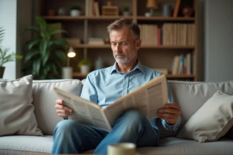 Homme d'environ 50 ans lisant un journal dans un salon cosy