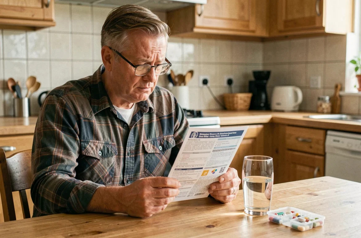 Homme lisant la notice d'un médicament à la cuisine avant de contacter son médecin