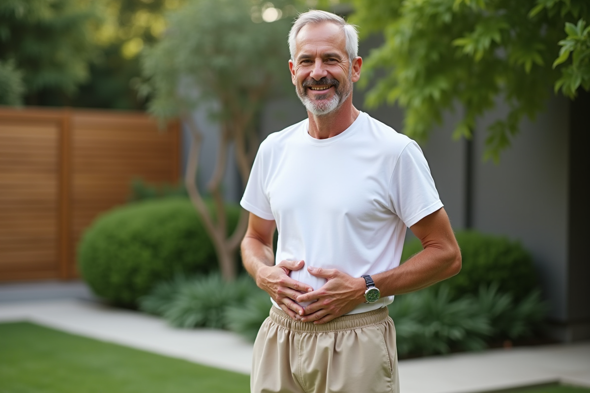 Homme montrant un point de pression dans un jardin
