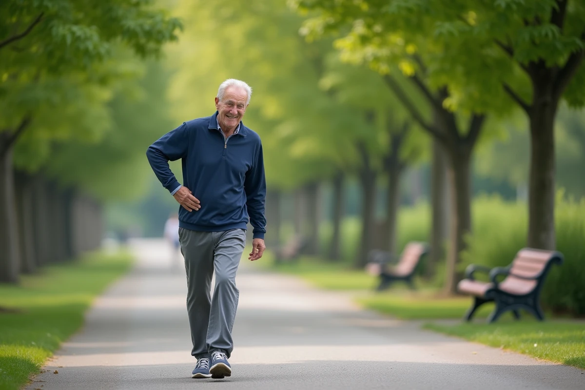 Homme âgé marchant dans un parc calme et verdoyant