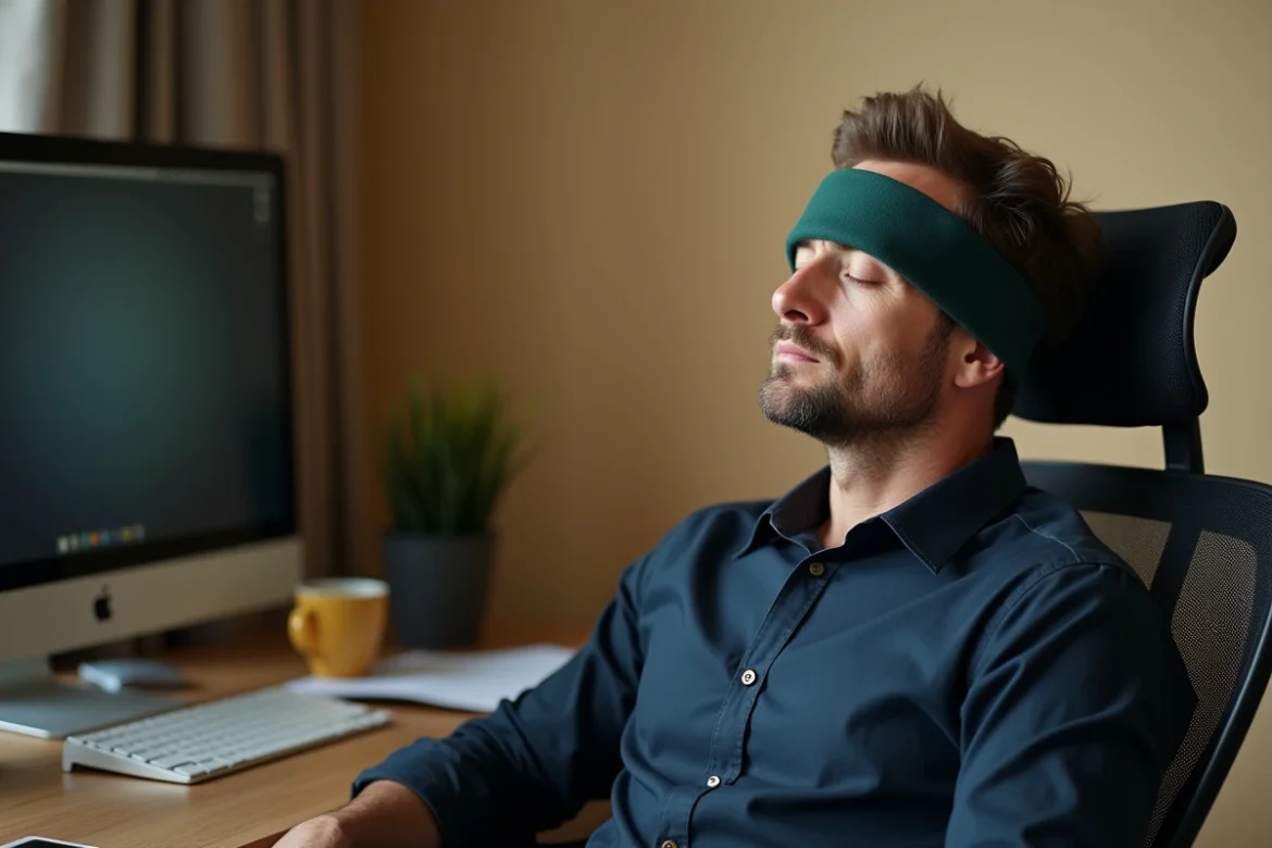 Homme portant un bandeau de compression anti-migraine assis à son bureau à domicile les yeux fermés