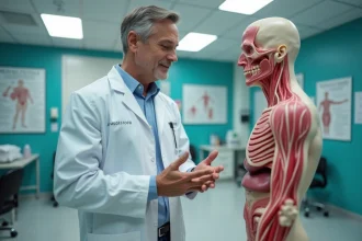 Homme d affaires dans une clinique médicale observant un modèle anatomique des vaisseaux sanguins