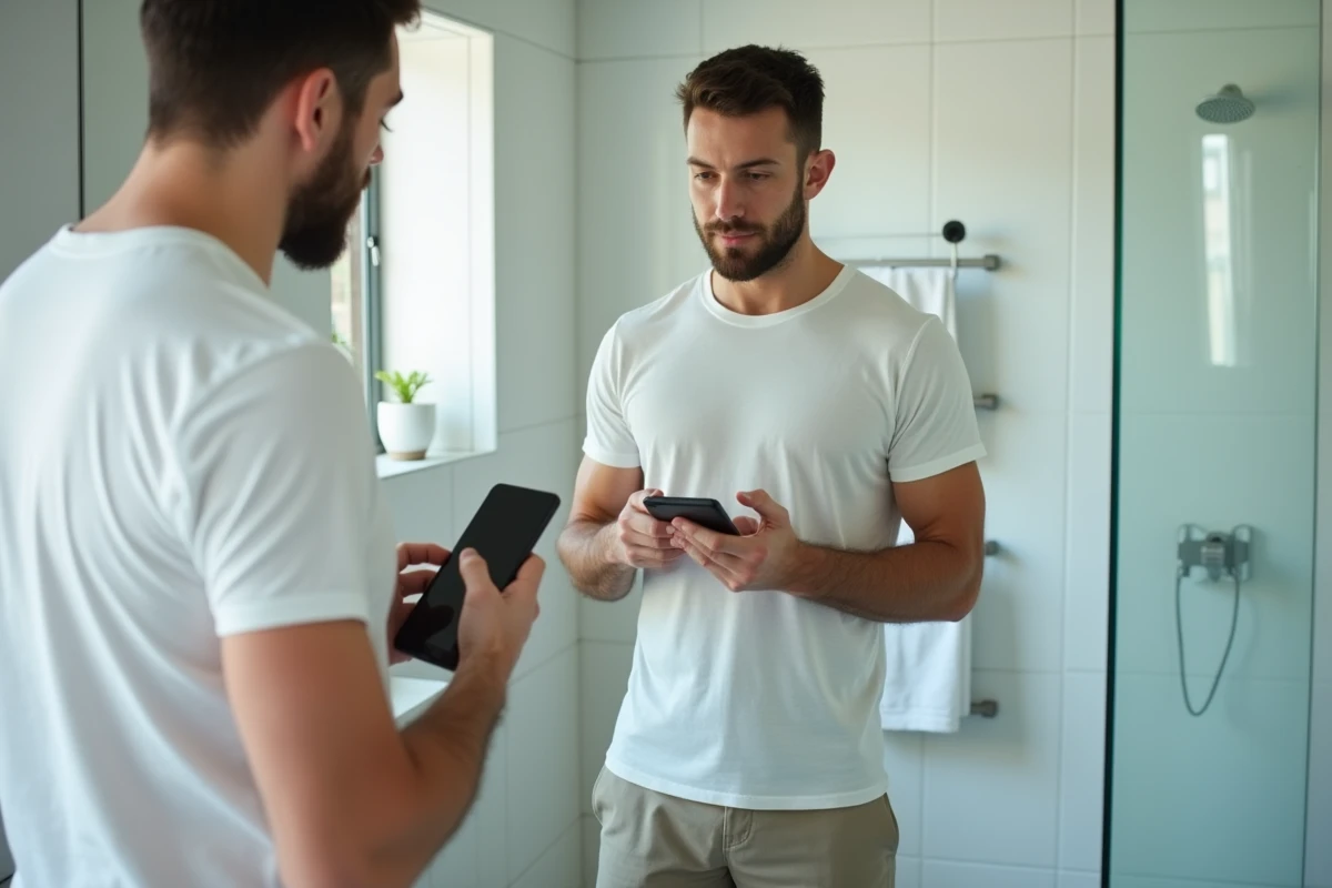 Jeune homme dans la salle de bain utilisant une balance connectée