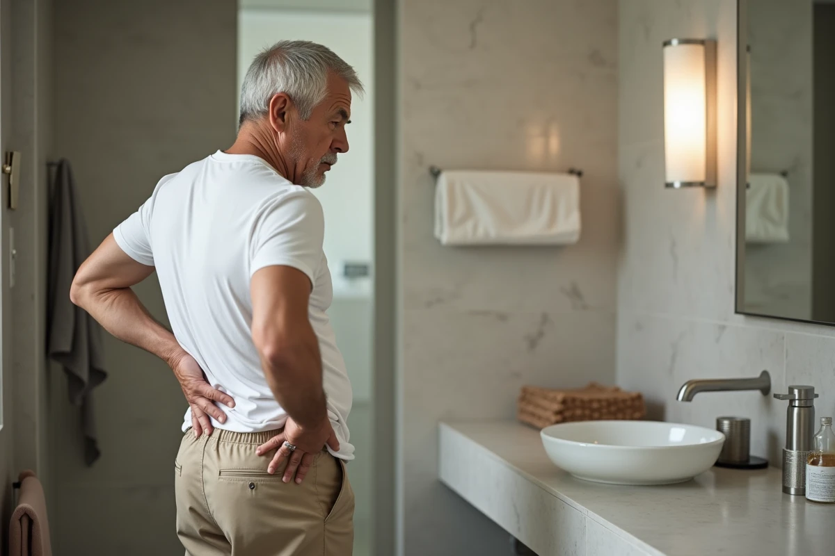 Homme regardant son reflet dans un miroir de salle de bain