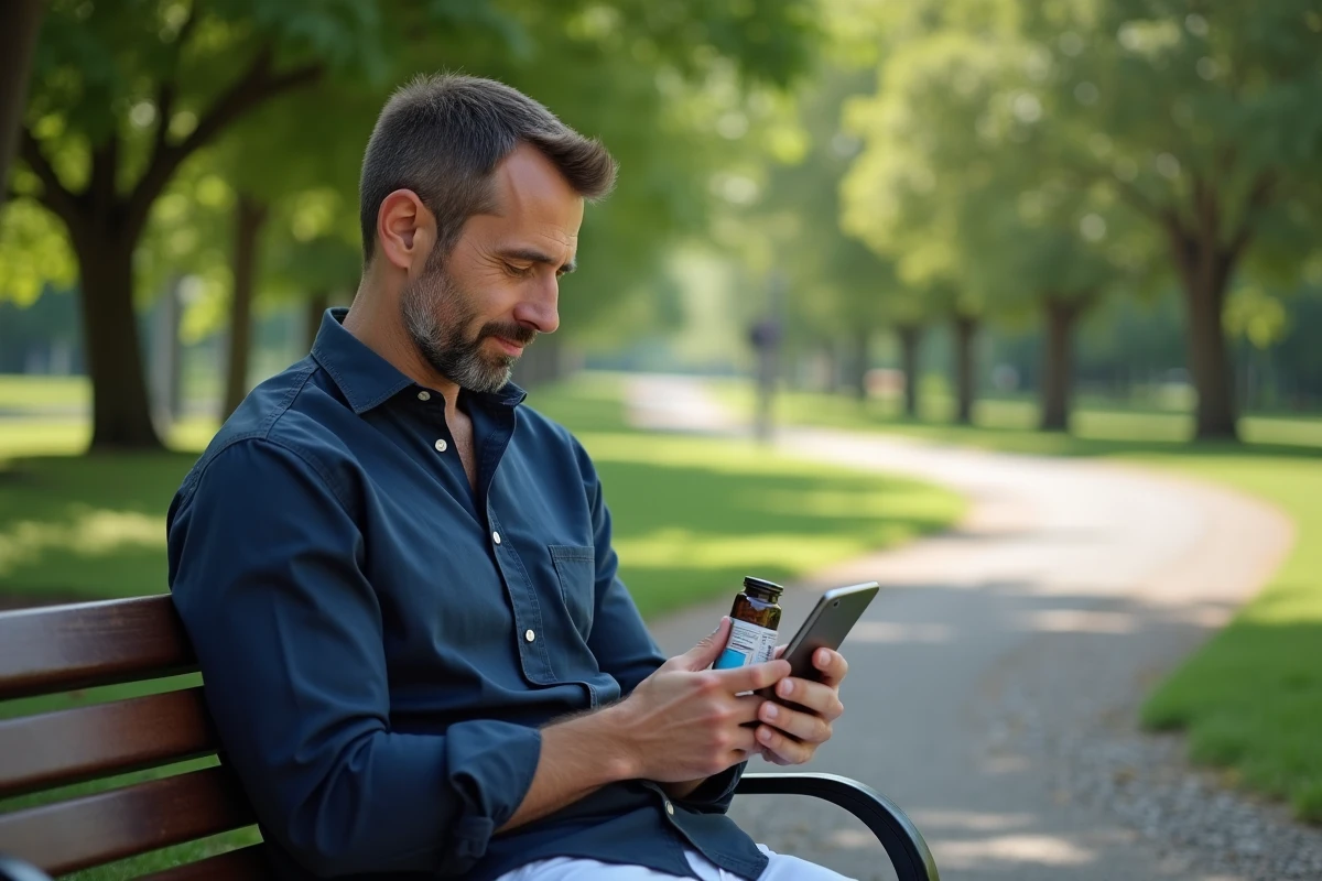 Homme dans un parc vérifiant ses supplements