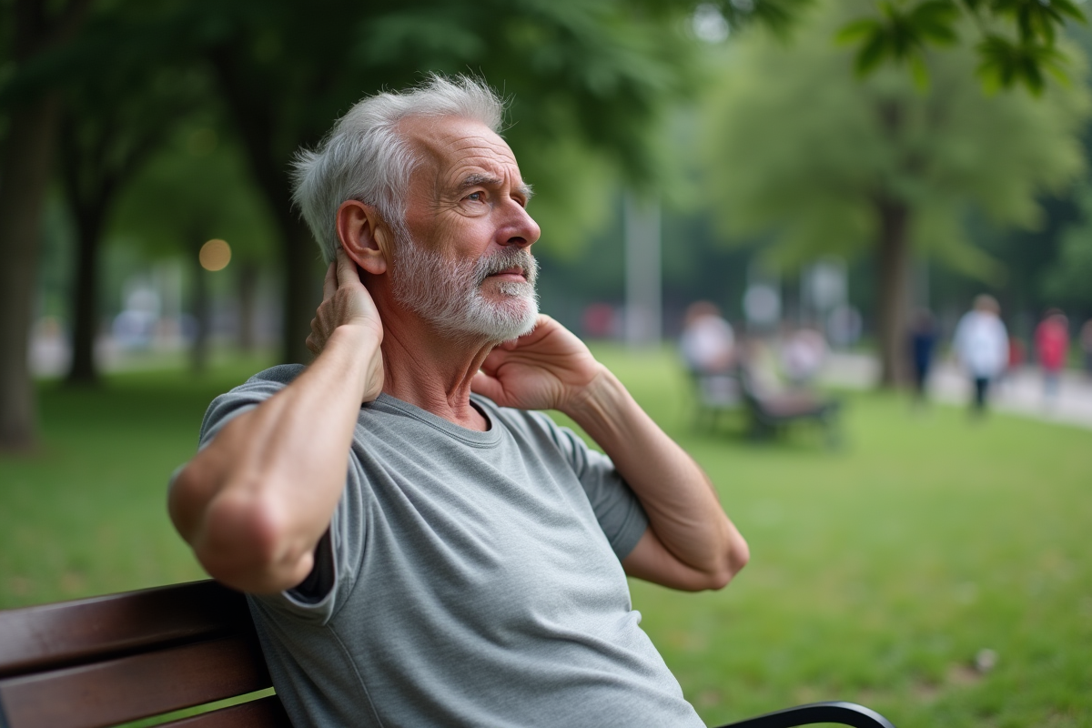 Homme d age moyen se massant le cou dans un parc
