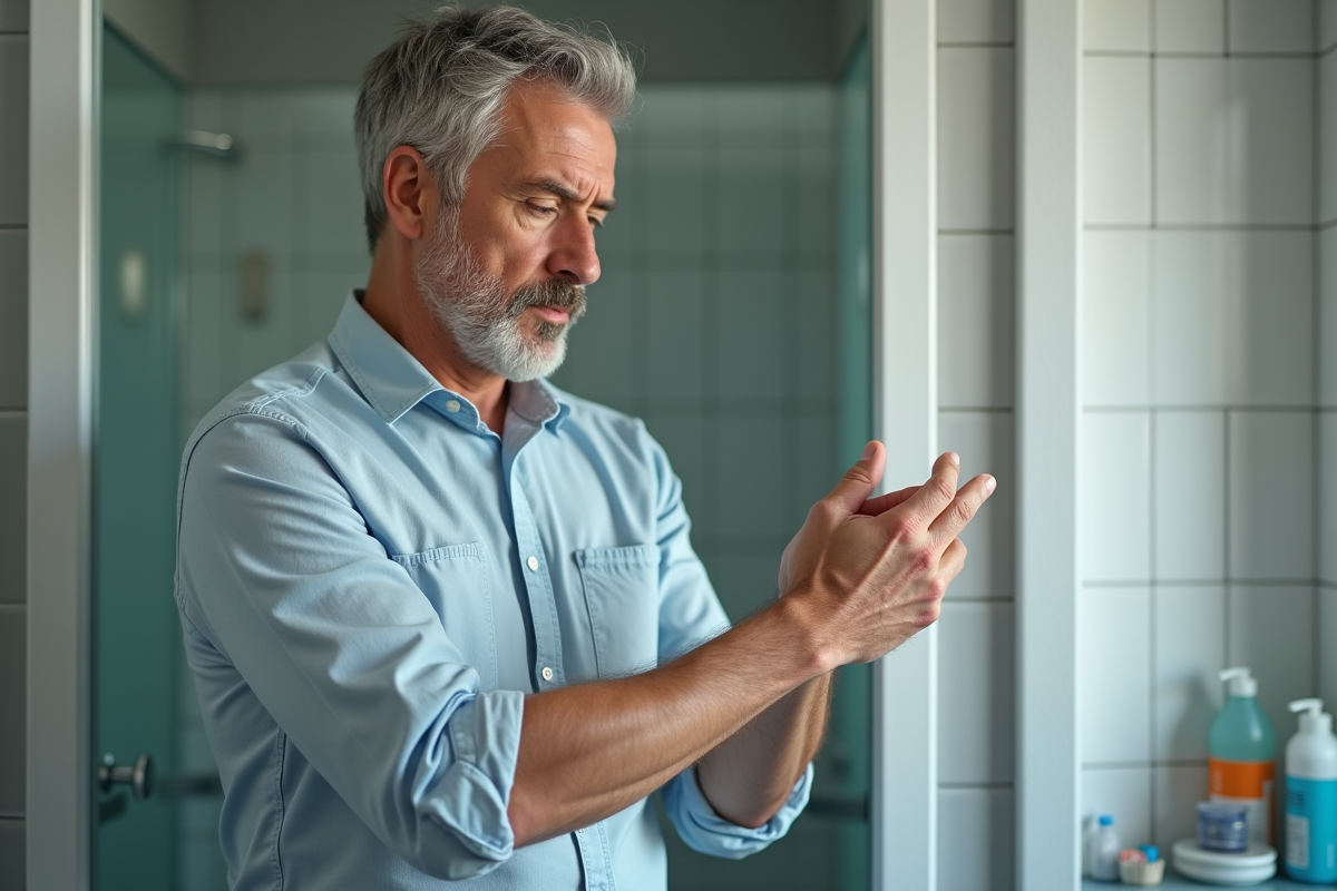 Homme examinant une éruption cutanée sur le bras