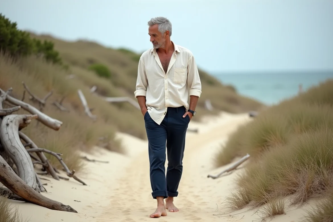 Homme marchant pieds nus sur un sentier côtier en pleine nature, symbolisant la reconnexion à soi et l'équilibre corps-esprit