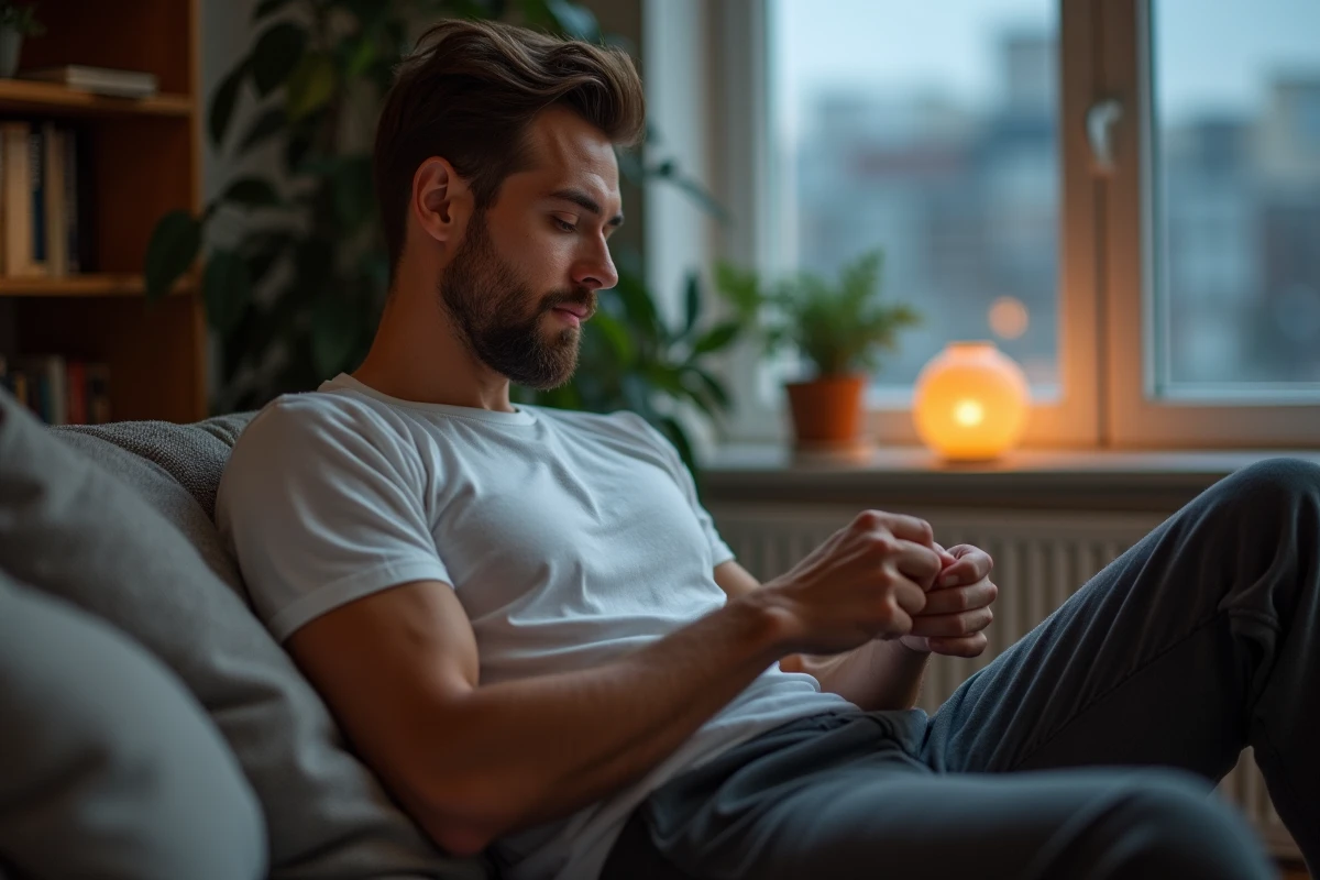 Homme détendu sur un canapé en soirée dans un salon