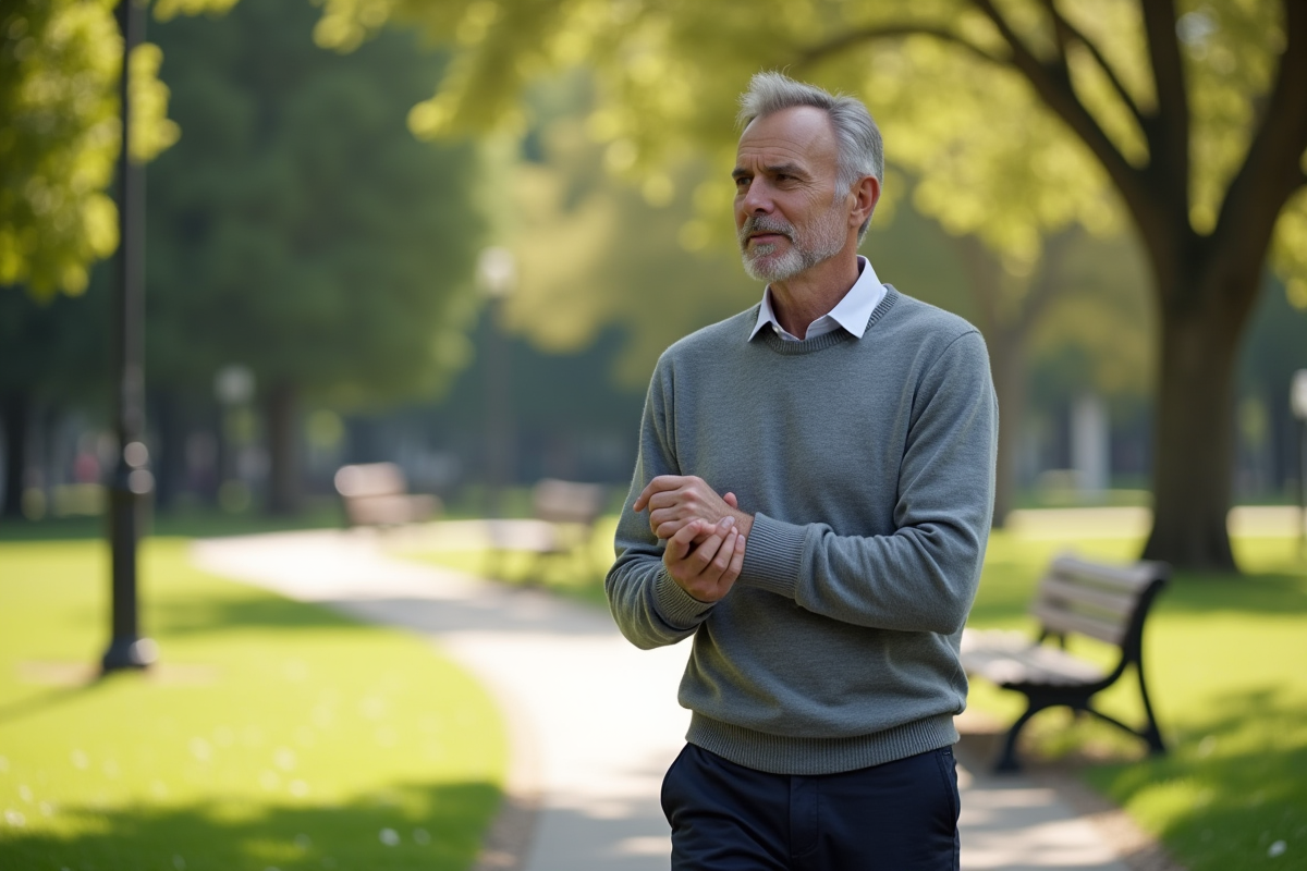 Homme d age marche dans un parc ensoleille