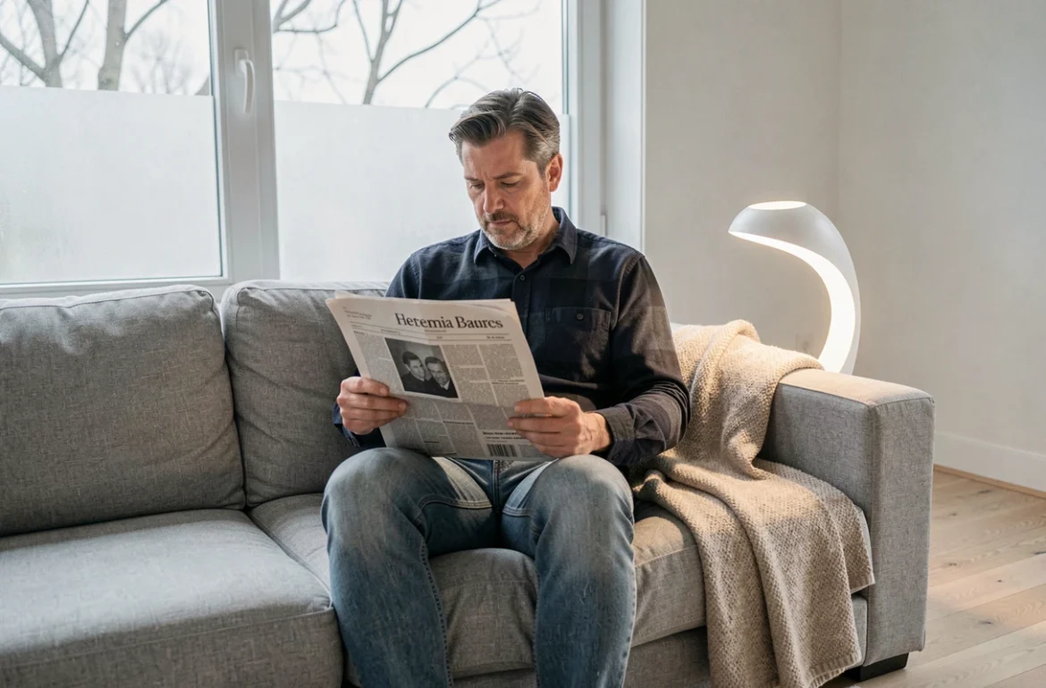 Homme en séance de luminothérapie dans un salon scandinave minimaliste pendant l'hiver