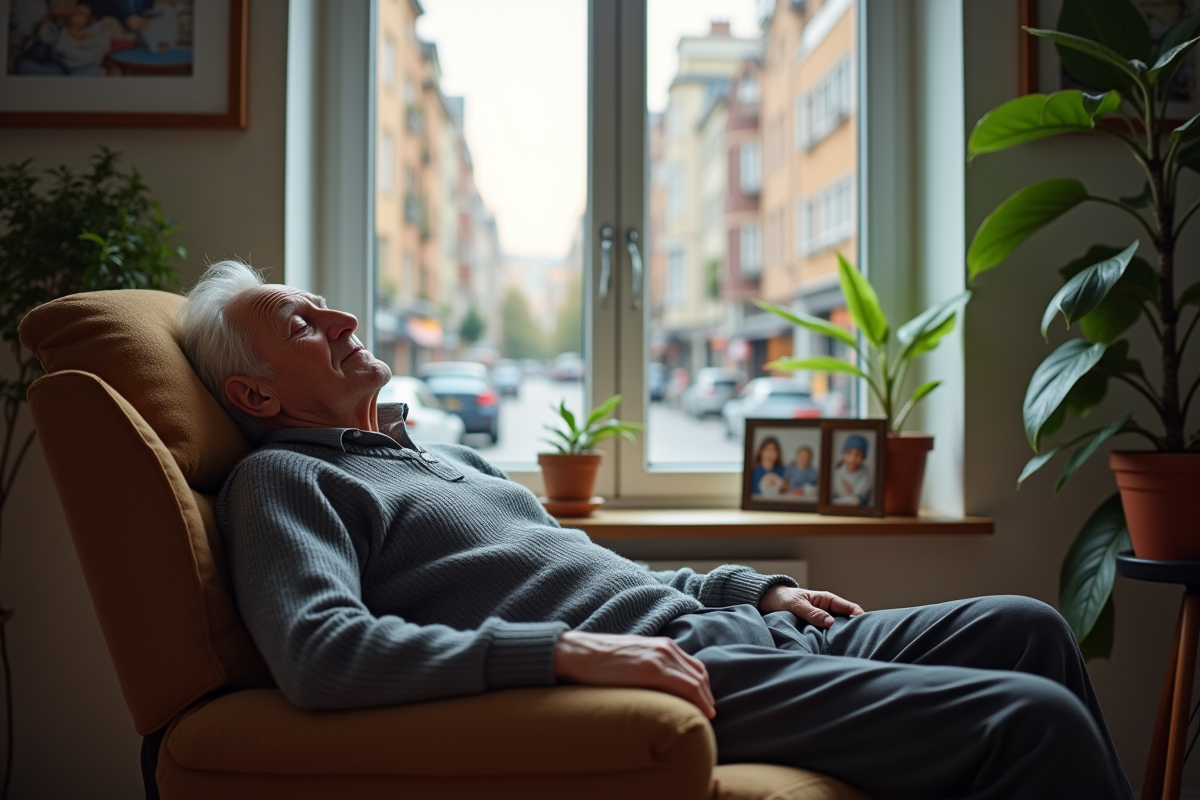 Homme agee dort dans son fauteuil en ville