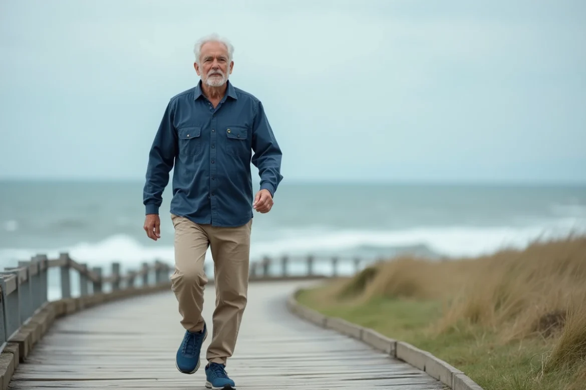 Homme senior marchant sur une promenade en bois en bord de mer pour maintenir une bonne condition cardiaque