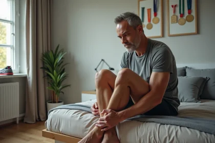 Homme d age moyen en tenue de sport se masse la jambe dans une chambre moderne