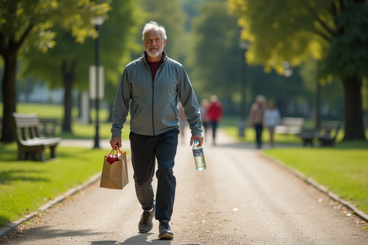 Homme marchant dans un parc ensoleille avec bouteille d