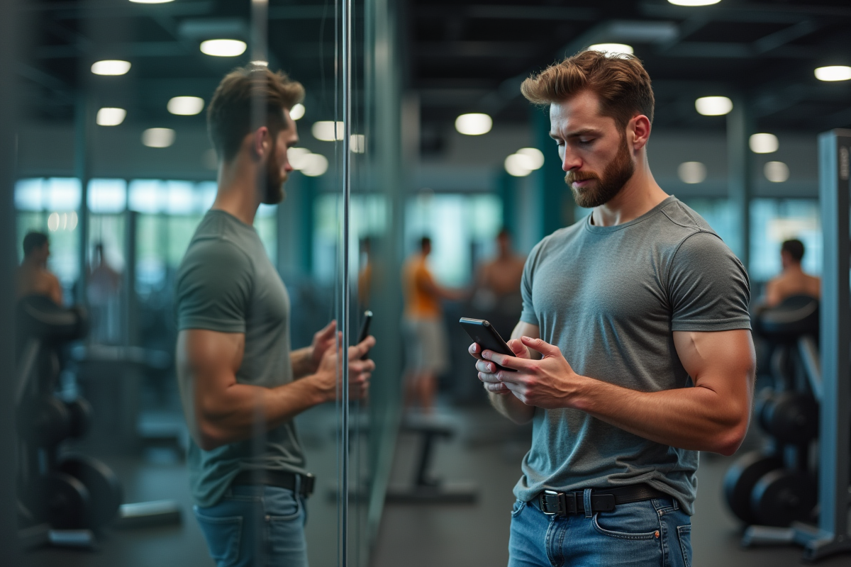Jeune homme vérifiant ses progrès dans une salle de sport