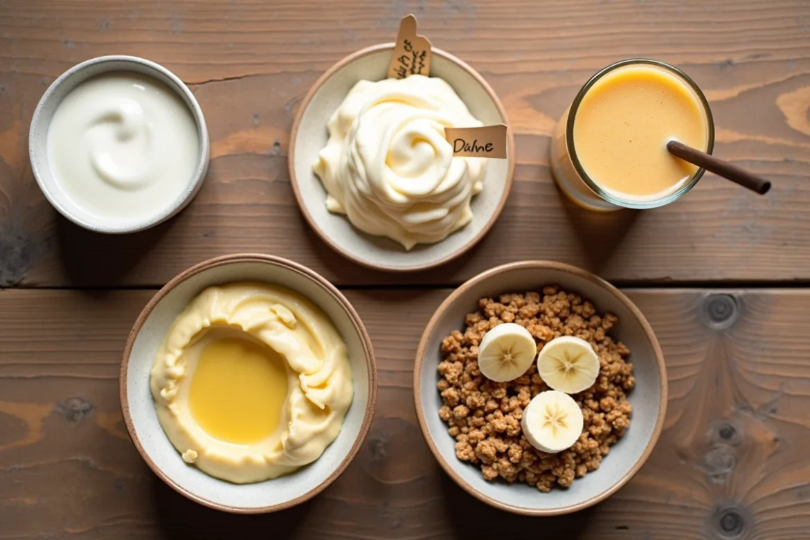 Vue de dessus d'un assortiment de repas mous et économiques après extraction dentaire : yaourt, purée, smoothie et flocons d'avoine