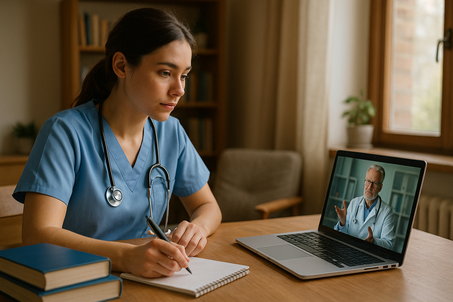 Jeune infirmiere en formation en ligne à la maison