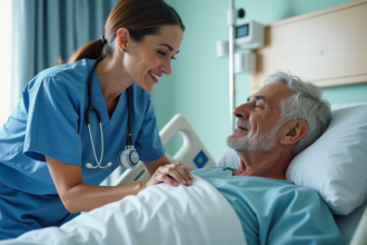 Infirmière en blouse bleue aidant un patient âgé dans une chambre