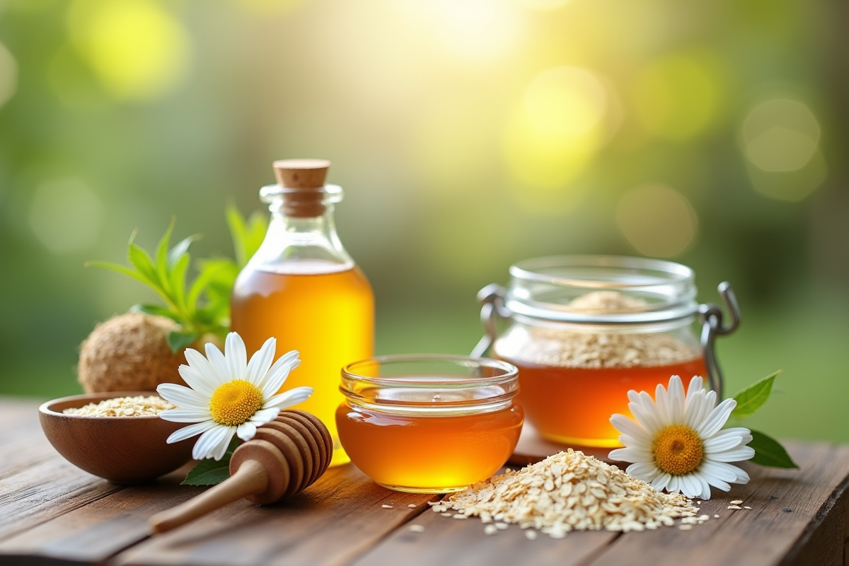 Ingrédients naturels pour soins de la peau sur une table en bois