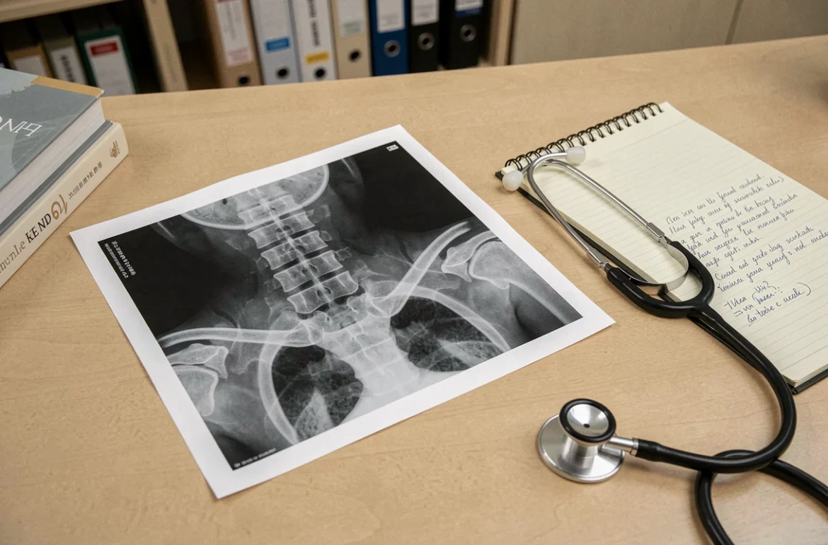 Image IRM de la colonne cervicale et du trapèze posée sur un bureau médical avec stéthoscope et notes de consultation