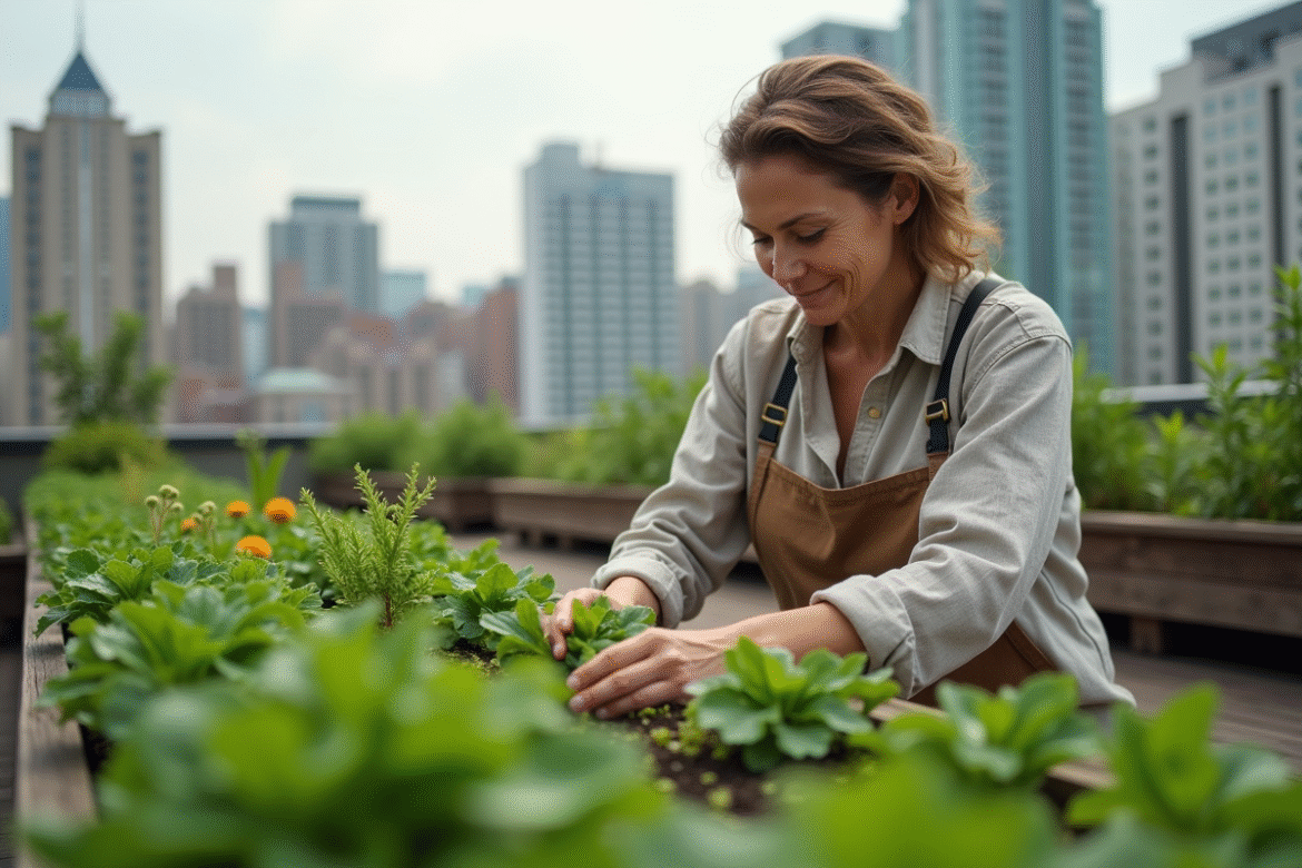 Femme d'âge moyen cultivant un jardin urbain sur un toit