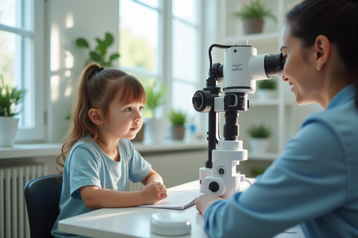 Enfant faisant vérifier sa vue par un optometre souriant