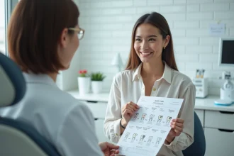 Jeune femme en cabinet dentaire consulte une grande carte dentaire