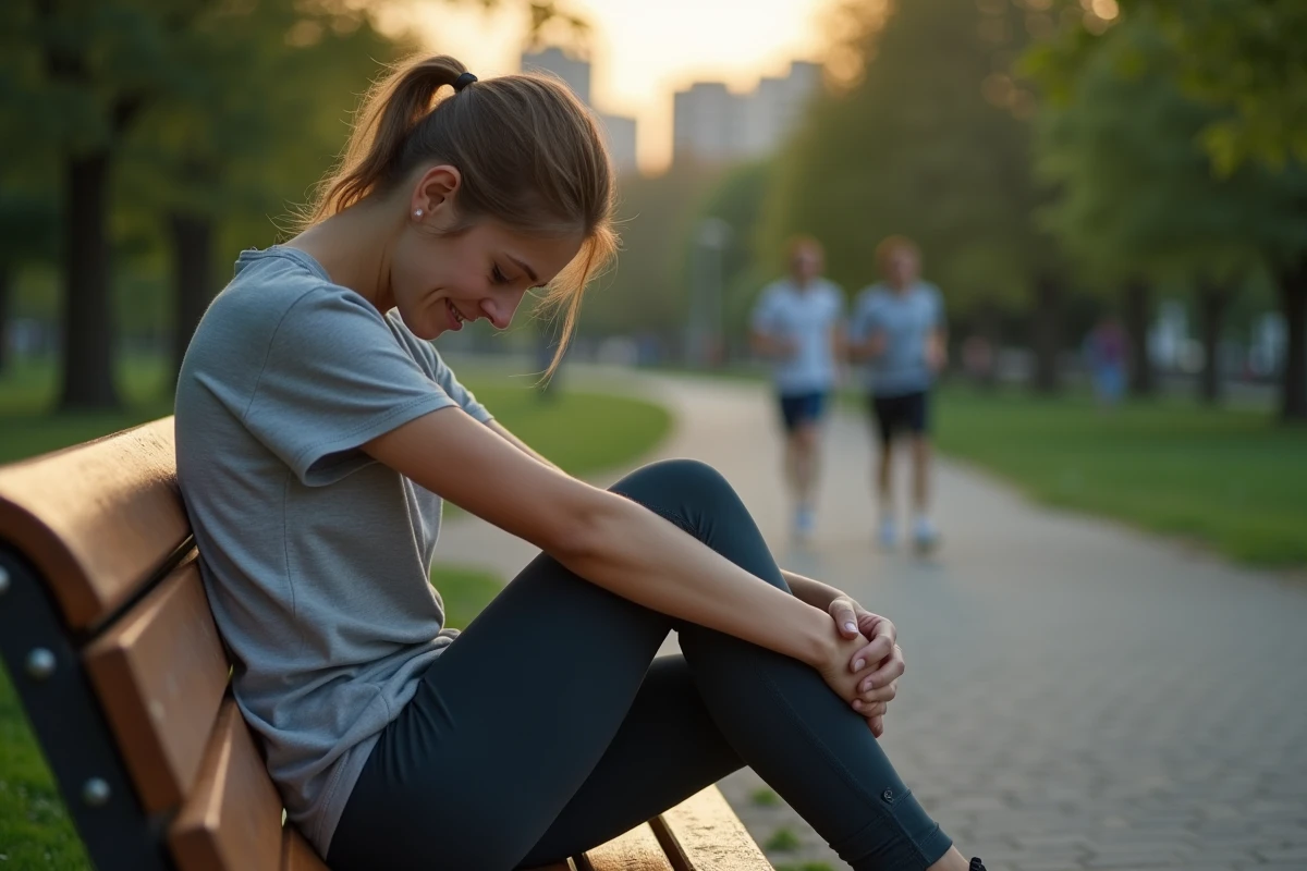 Jeune femme en tenue de sport s etire sur un banc dans un parc urbain au crépuscule