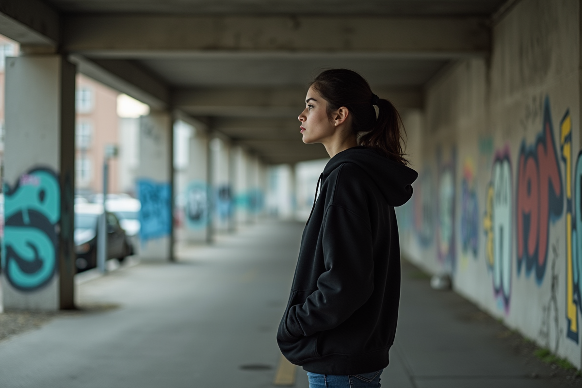 Jeune femme dans un passage sous un pont en ville