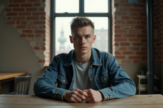 Jeune homme dans un appartement urbain avec briques apparentes