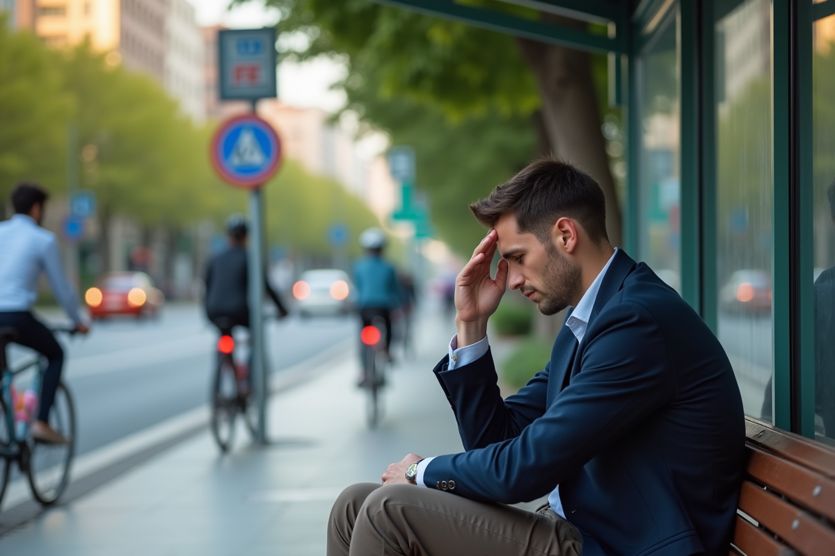 Jeune homme attendant à un arrêt de bus en ville