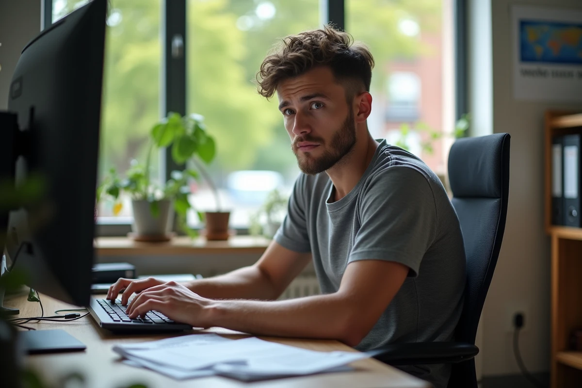 Jeune homme au bureau à domicile avec expression incertaine