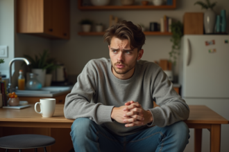 Jeune homme pensif assis à la cuisine dans un appartement