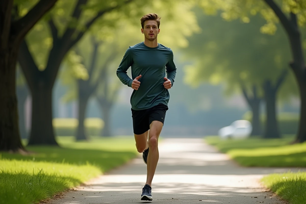 Jeune homme courant dans un parc verdoyant en tenue sportive
