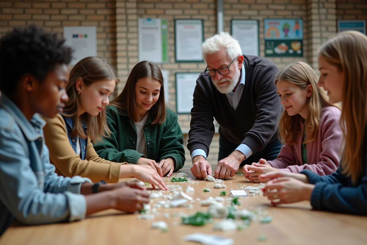 Jeunes et personne âgée triant des recyclables dans un centre