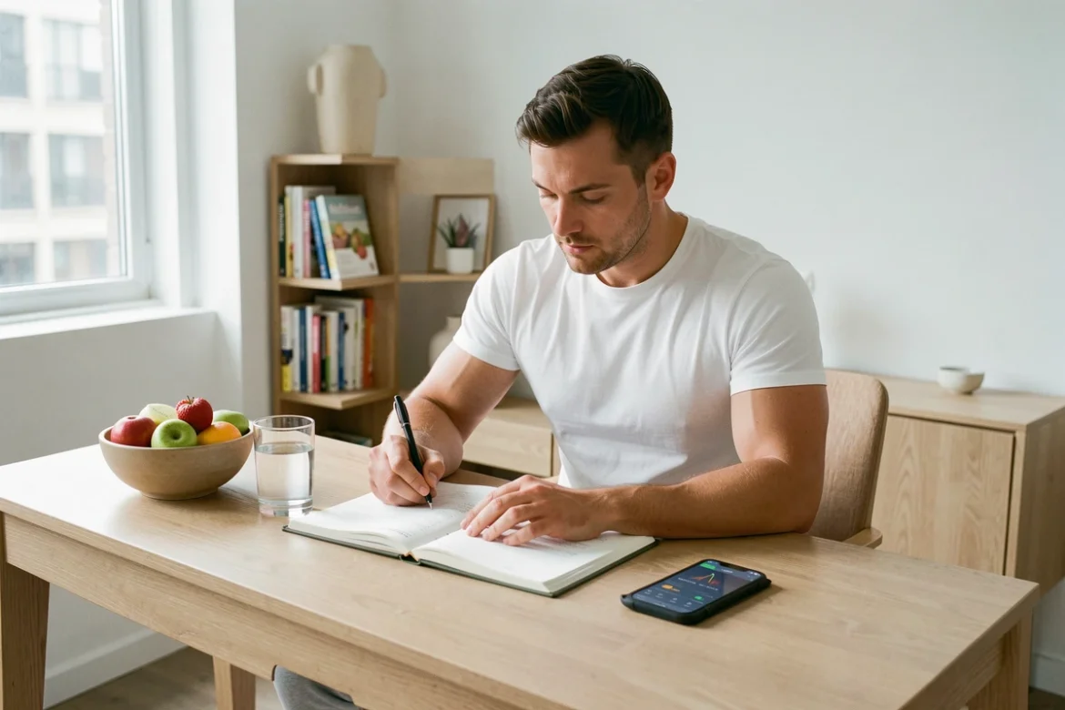 Homme consultant un journal de nutrition et une application fitness sur smartphone, planification alimentaire quotidienne à domicile
