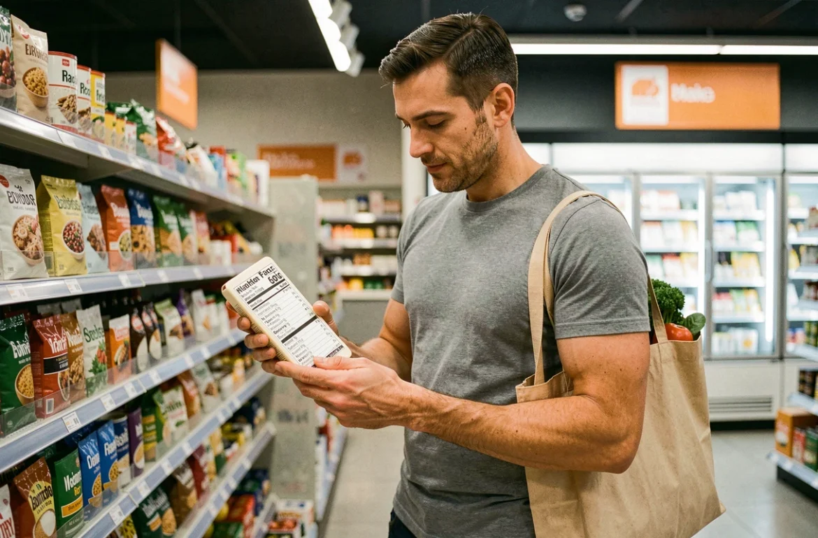 Homme lisant l'étiquette nutritionnelle d'un produit alimentaire au supermarché dans le cadre d'un régime contrôlé en calories
