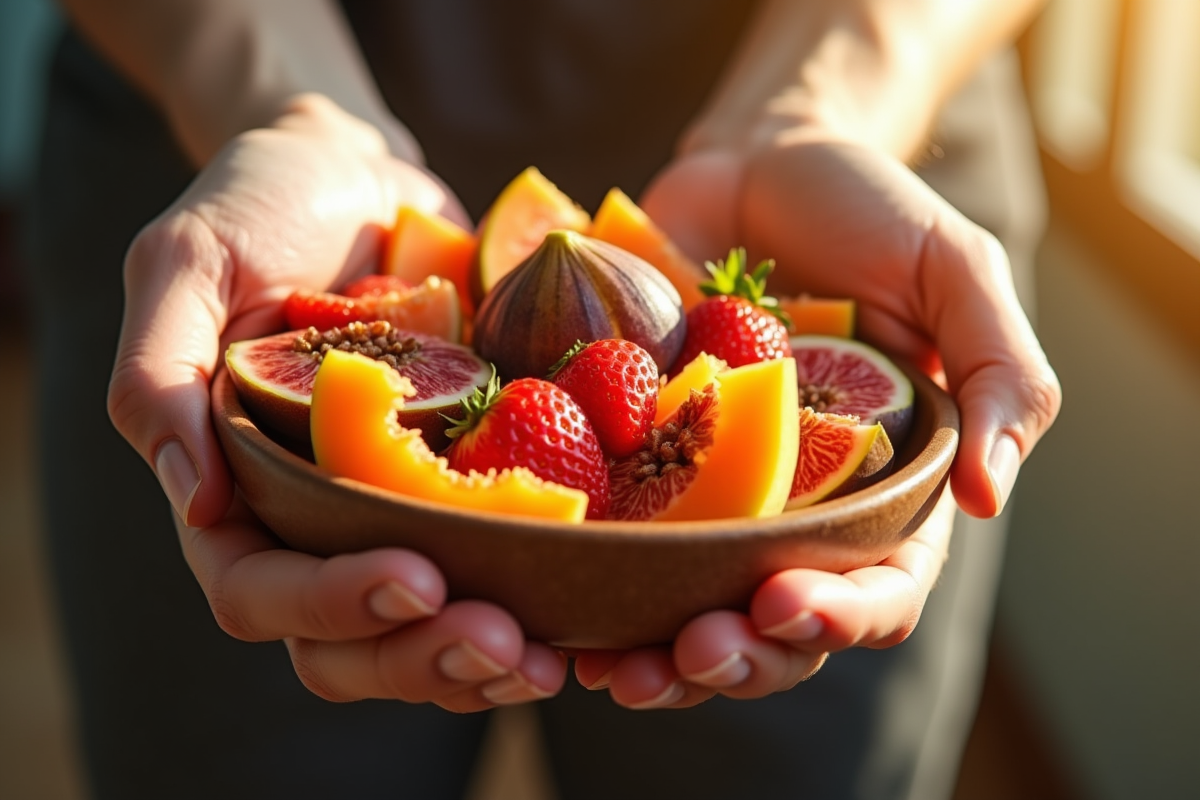 Mains tenant un bol de fruits coupés vitaminés
