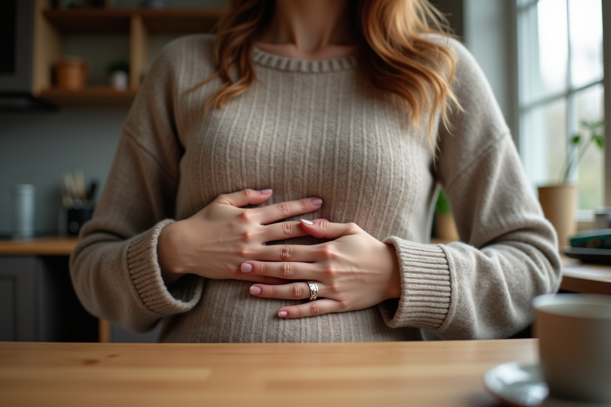 Mains reposant sur le ventre dans une cuisine conviviale