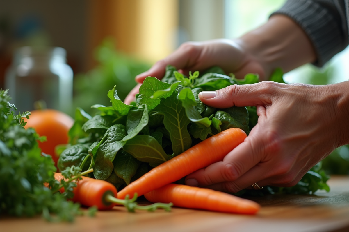 Mains âgées tenant des épinards et carottes fraîches
