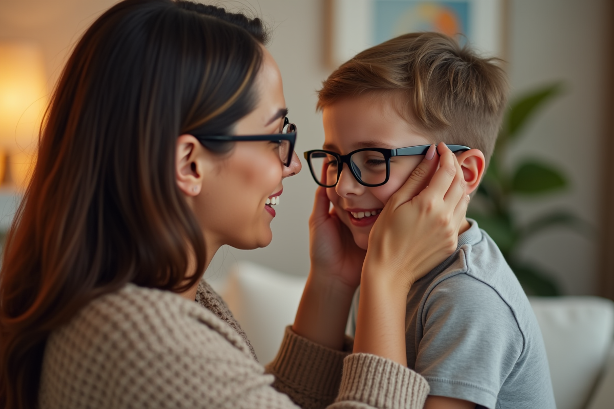 Maman aidant son enfant à mettre des lunettes à la maison