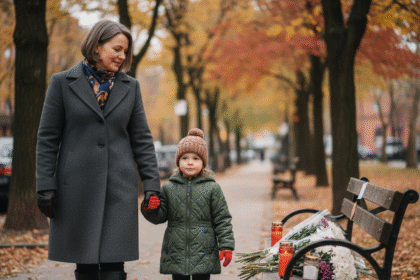 Mère et fille dans un parc automnal en ville