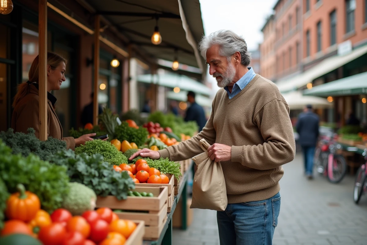Homme choisissant des légumes au marché en plein air