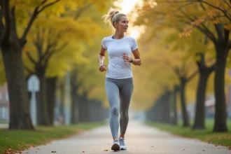 Femme d'une cinquantaine d'années marchant d'un pas rapide sur un chemin urbain bordé d'arbres pour entretenir sa santé cardiovasculaire