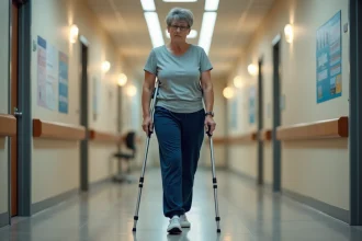Femme d'une cinquantaine d'années marchant avec une béquille avant-bras dans un couloir de clinique de rééducation, posture droite et technique correcte