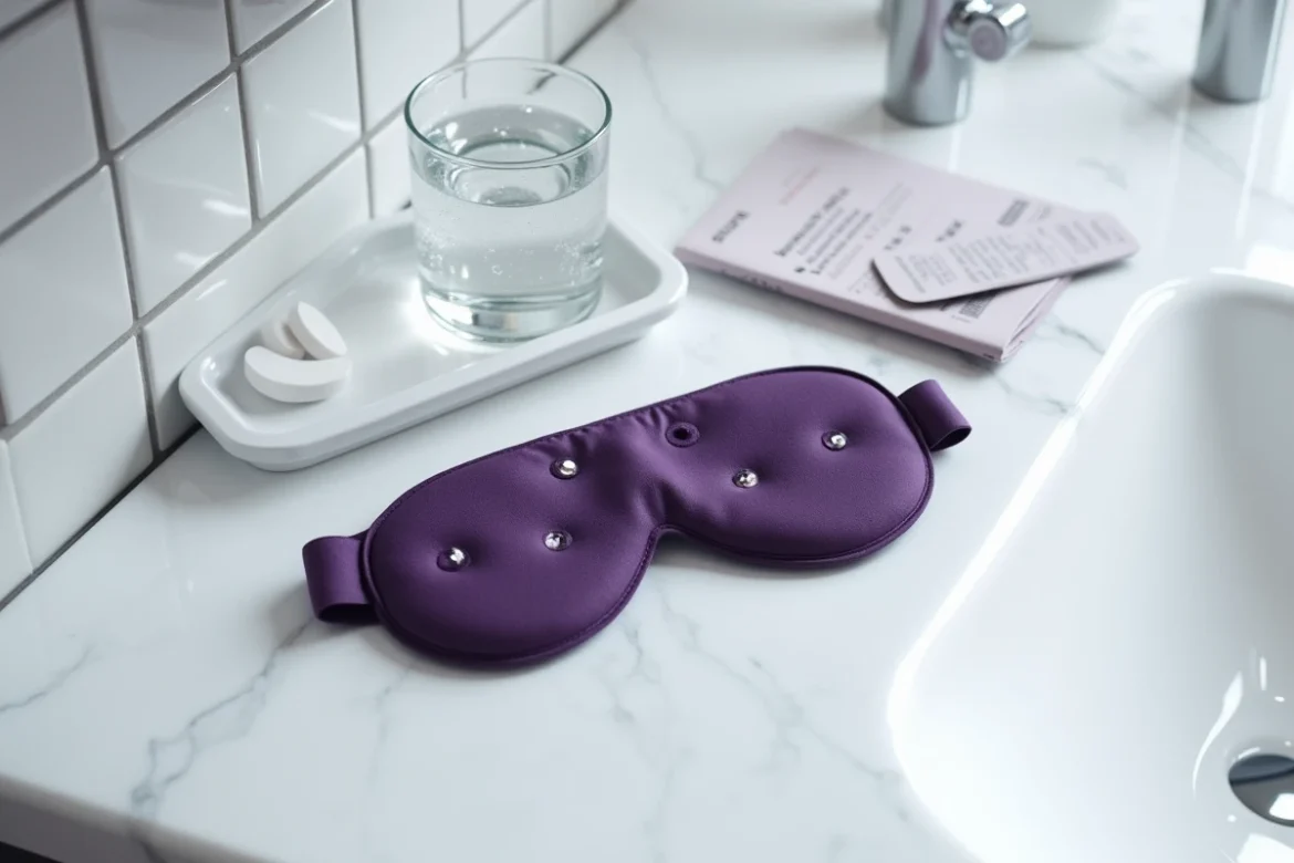 Masque anti-migraine violet posé sur un comptoir en marbre blanc à côté d'un verre d'eau et d'une notice dans une salle de bain moderne
