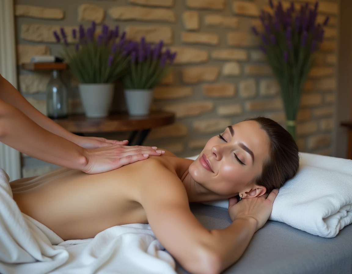 Femme recevant un massage relaxant dans une salle de soin en pierre d'un spa dans le Cher