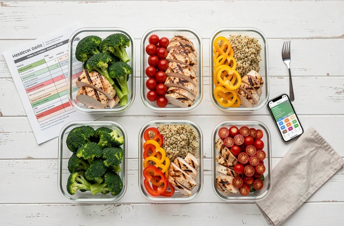 Préparation de repas équilibrés de la semaine dans des boîtes en verre avec feuille de suivi des calories et application nutritionnelle