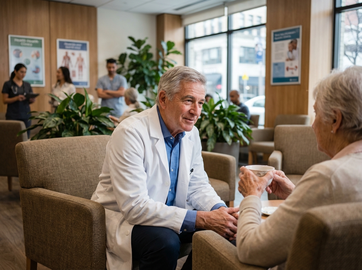 Médecin écoutant un patient dans une salle d